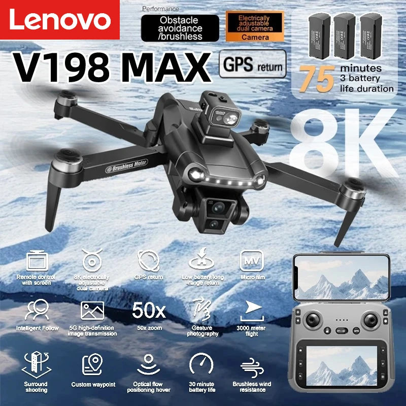 Lenovo V198MAX GPS Drone 8K Professional Camera Aerial FPV Brush Laser Obstacle with Large Screen Remote Control Folding Dron
