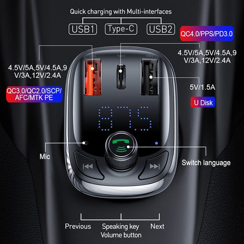 Baseus FM Transmitter Bluetooth 5.0 Handsfree Car Kit Audio MP3 Player With PPS QC3.0 QC4.0 5A Fast Charger Auto FM Modulator
